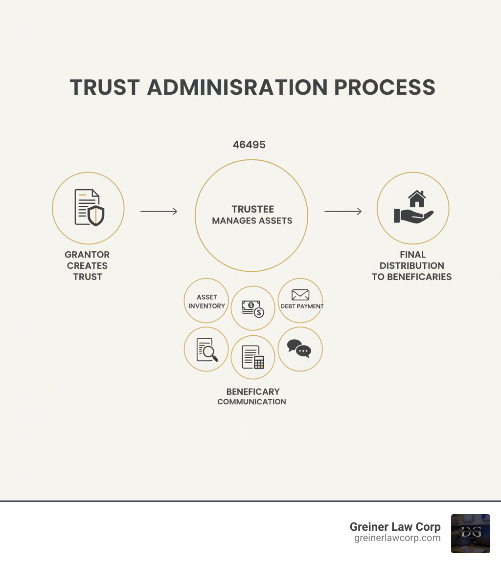 Infographic showing the trust administration process from grantor creating trust, to trustee managing assets, to final distribution to beneficiaries, with key steps including asset inventory, debt payment, tax filing, and beneficiary communication - trust administration attorneys infographic 