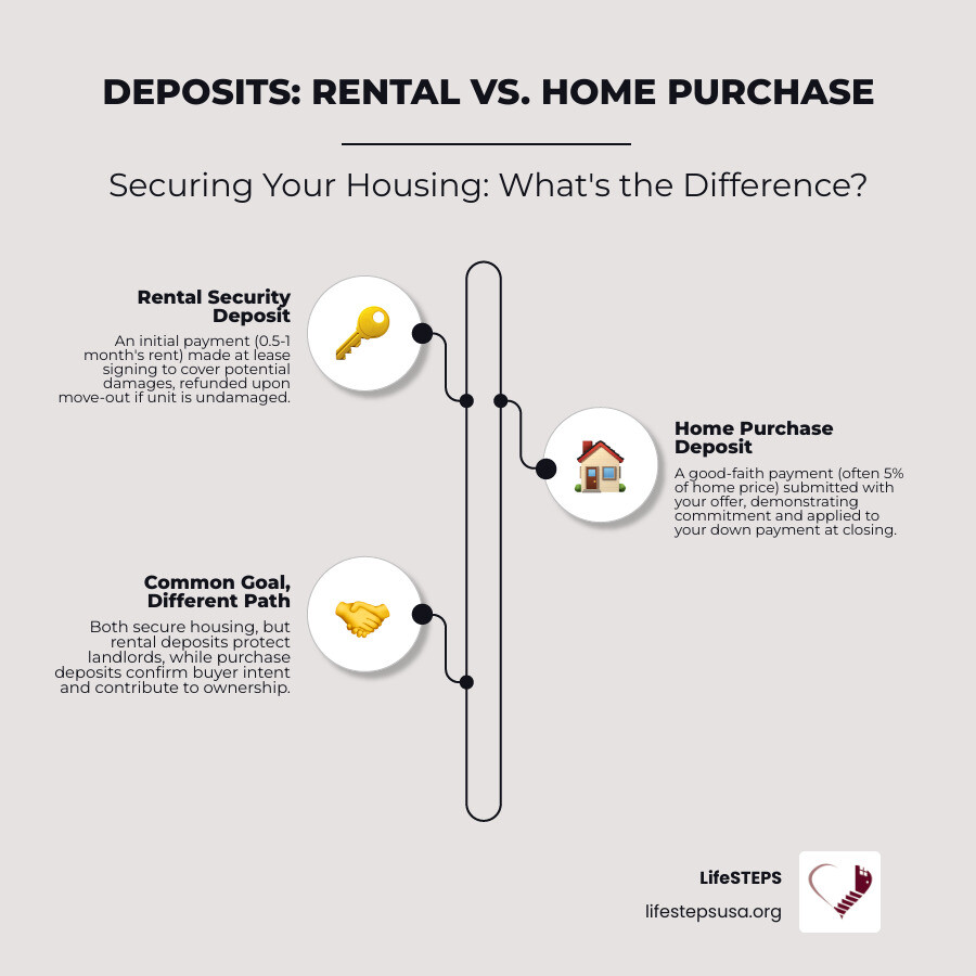 Infographic showing two pathways: Left side labeled "Rental Security Deposit" showing amount (half to one month's rent), purpose (protect landlord from damage), timing (paid at lease signing), and return conditions (refunded at move-out if no damage). Right side labeled "Home Purchase Deposit" showing amount (typically 5% of purchase price), purpose (shows buyer commitment), timing (paid with offer), and how it's used (applied to down payment at closing). Arrow at bottom connecting both showing "Both are initial payments that secure your housing, but serve different purposes in the process." - help for house deposit infographic infographic-line-3-steps-elegant_beige