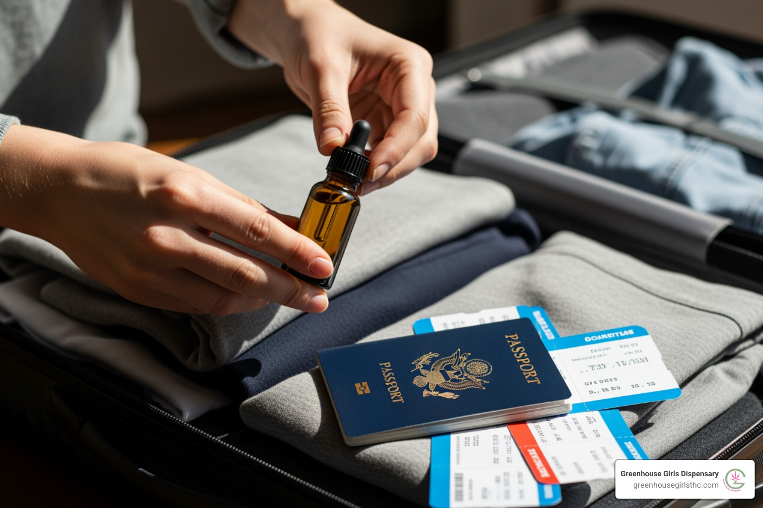 person packing CBD oil in their luggage next to a passport - is florida allowed to consume cbd products