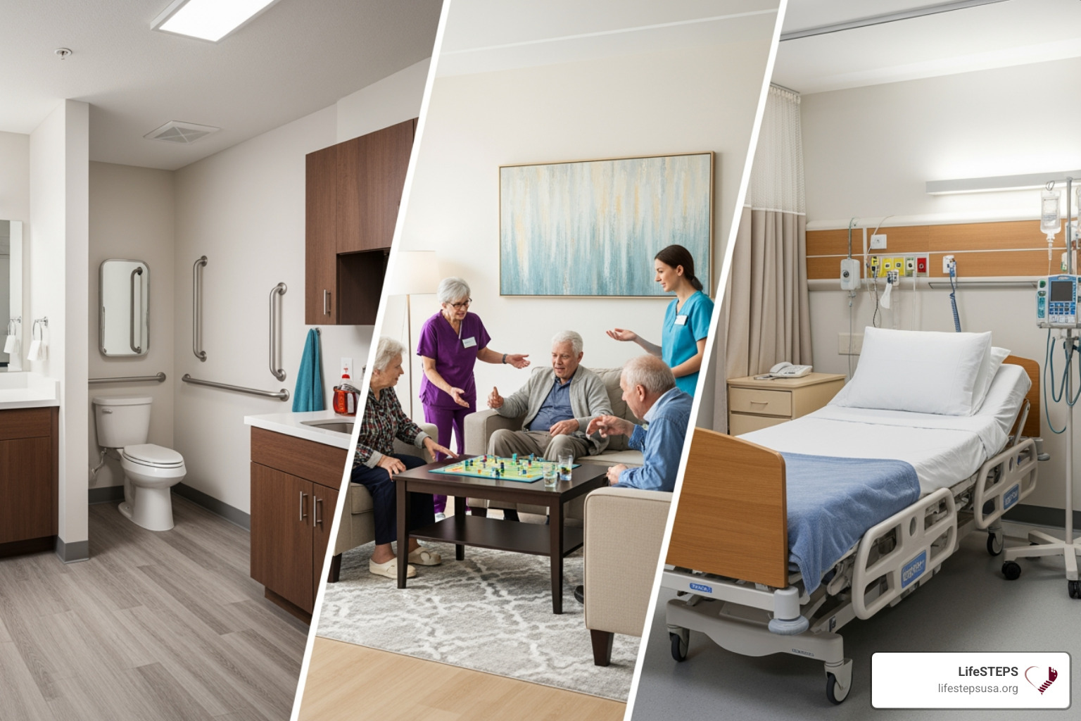 A split-screen showing different housing environments: an accessible apartment, a supportive group setting, and a long-term care facility. - Housing resources for disabled