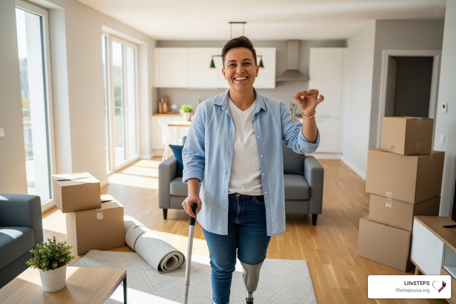 A person with a disability smiling as they hold the keys to their new apartment. - Housing resources for disabled