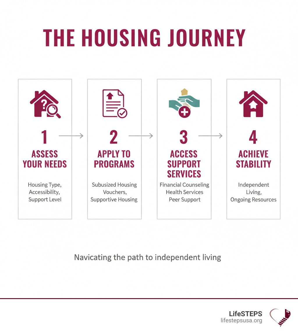 Infographic showing the housing journey: Step 1 - Assess Your Needs (housing type, accessibility, support level). Step 2 - Apply to Programs (subsidized housing, vouchers, supportive housing). Step 3 - Access Support Services (financial counseling, health services, peer support). Step 4 - Achieve Stability (independent living with ongoing resources). - Housing resources for disabled infographic 