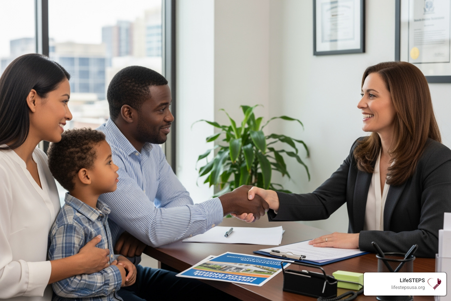 A housing counselor warmly shaking hands with a family across a desk, suggesting guidance and support. - rental assistance without eviction notice
