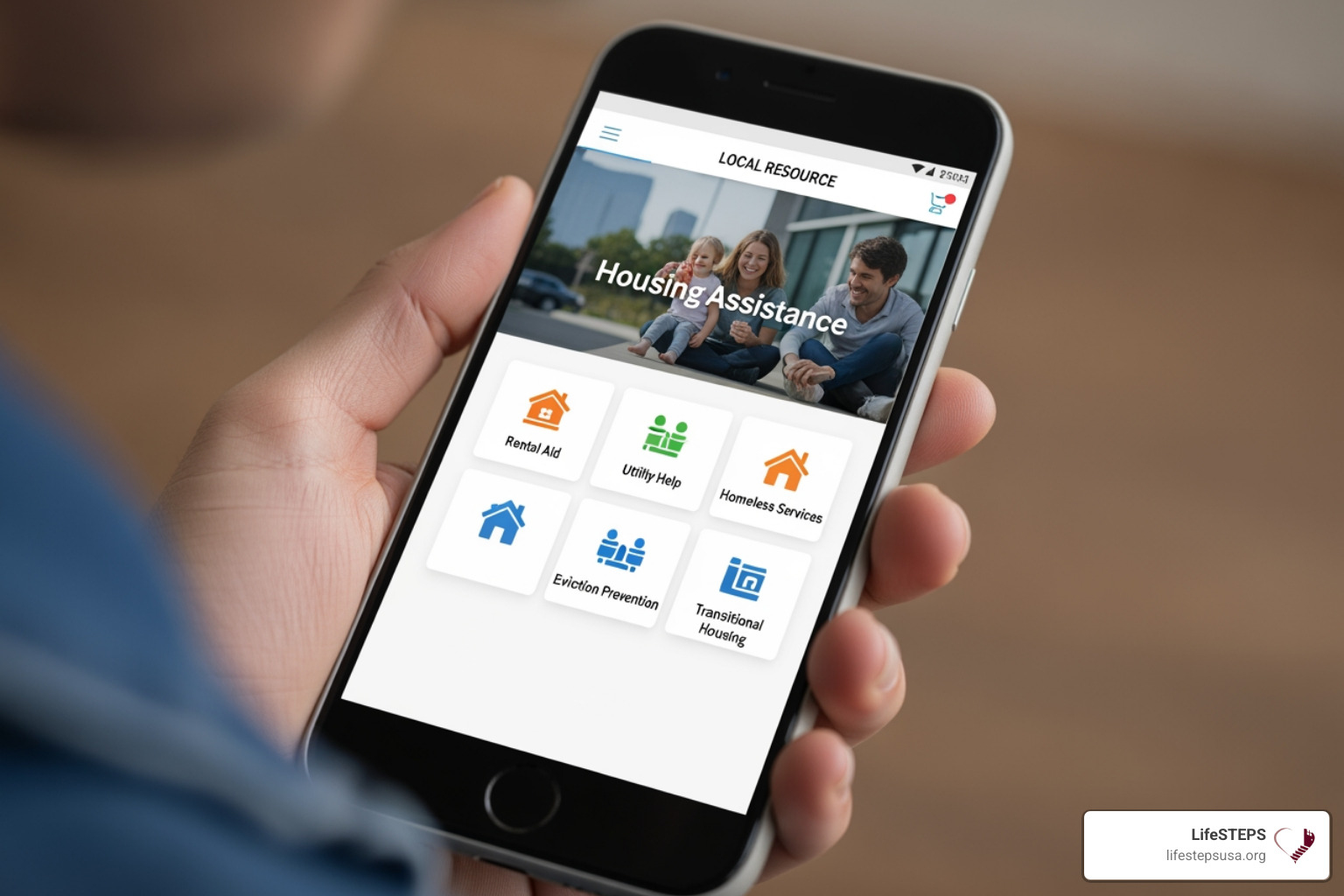 A person's hand holding a smartphone displaying a local resource website homepage with various housing assistance options. - rental assistance without eviction notice