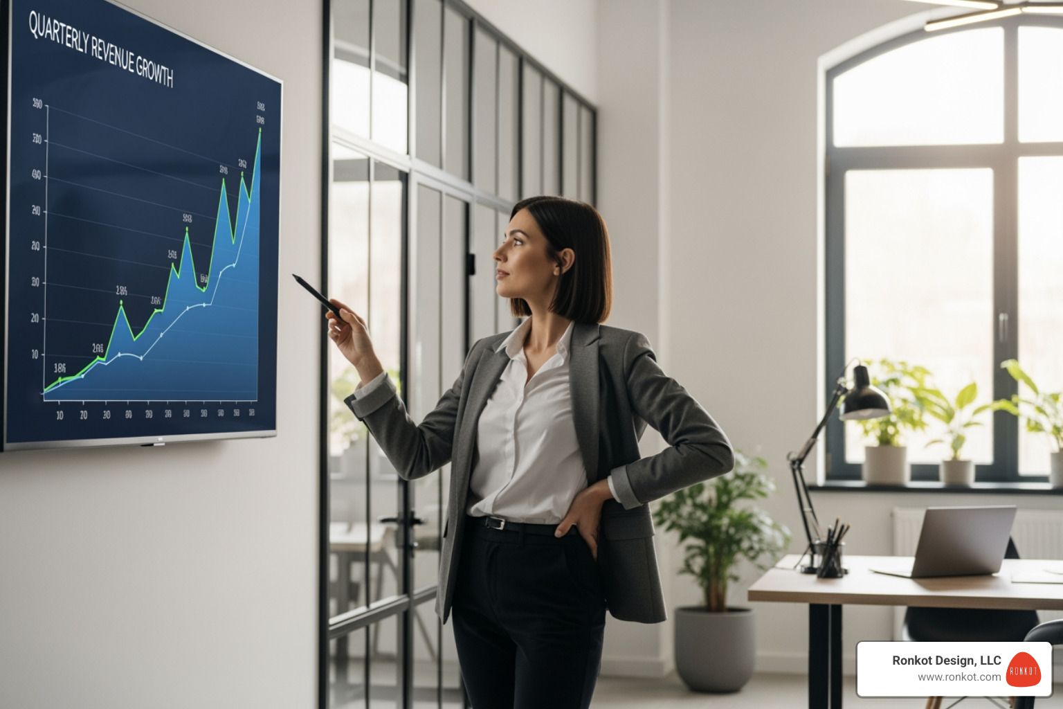 successful business owner looking at graph showing positive growth - digital print and advertising successful business owner looking at graph showing positive growth - digital print and advertising