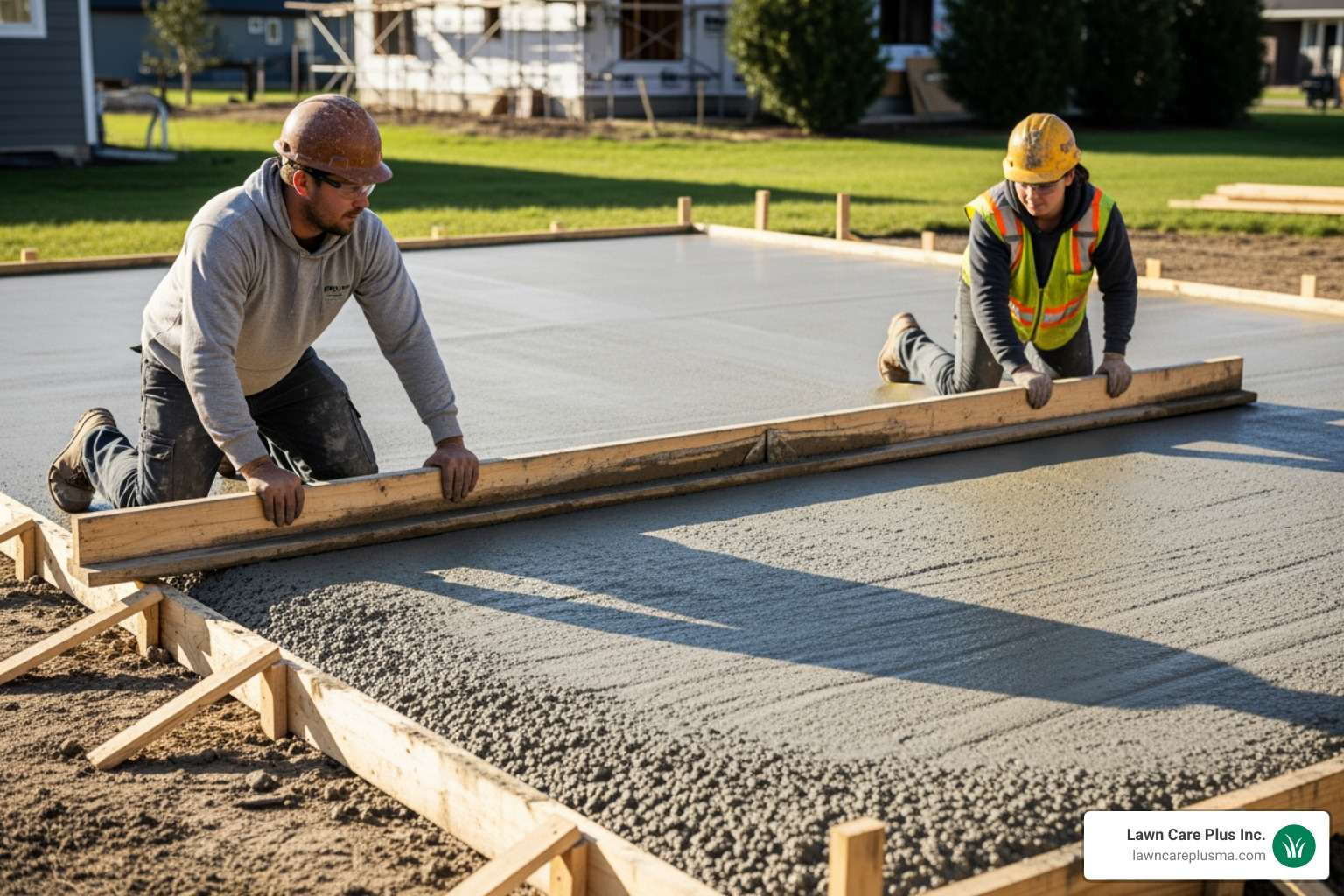 two people pulling a screed board across wet concrete - how to install a concrete slab patio