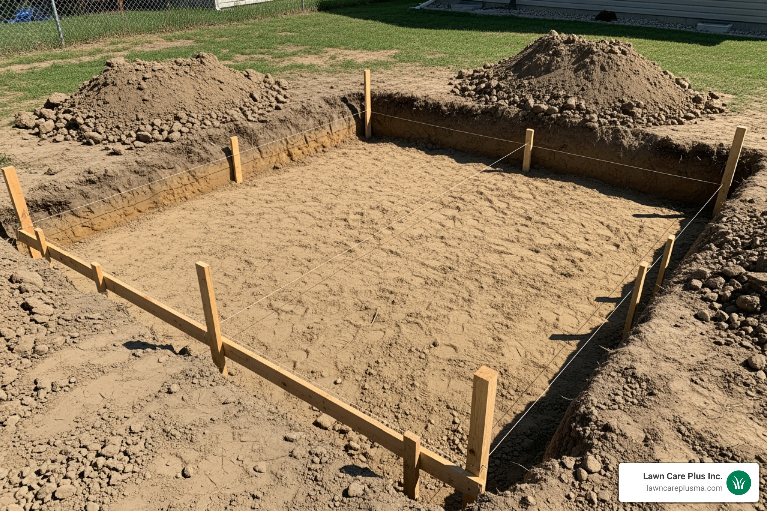 properly marked and excavated patio area with string lines - how to install a concrete slab patio