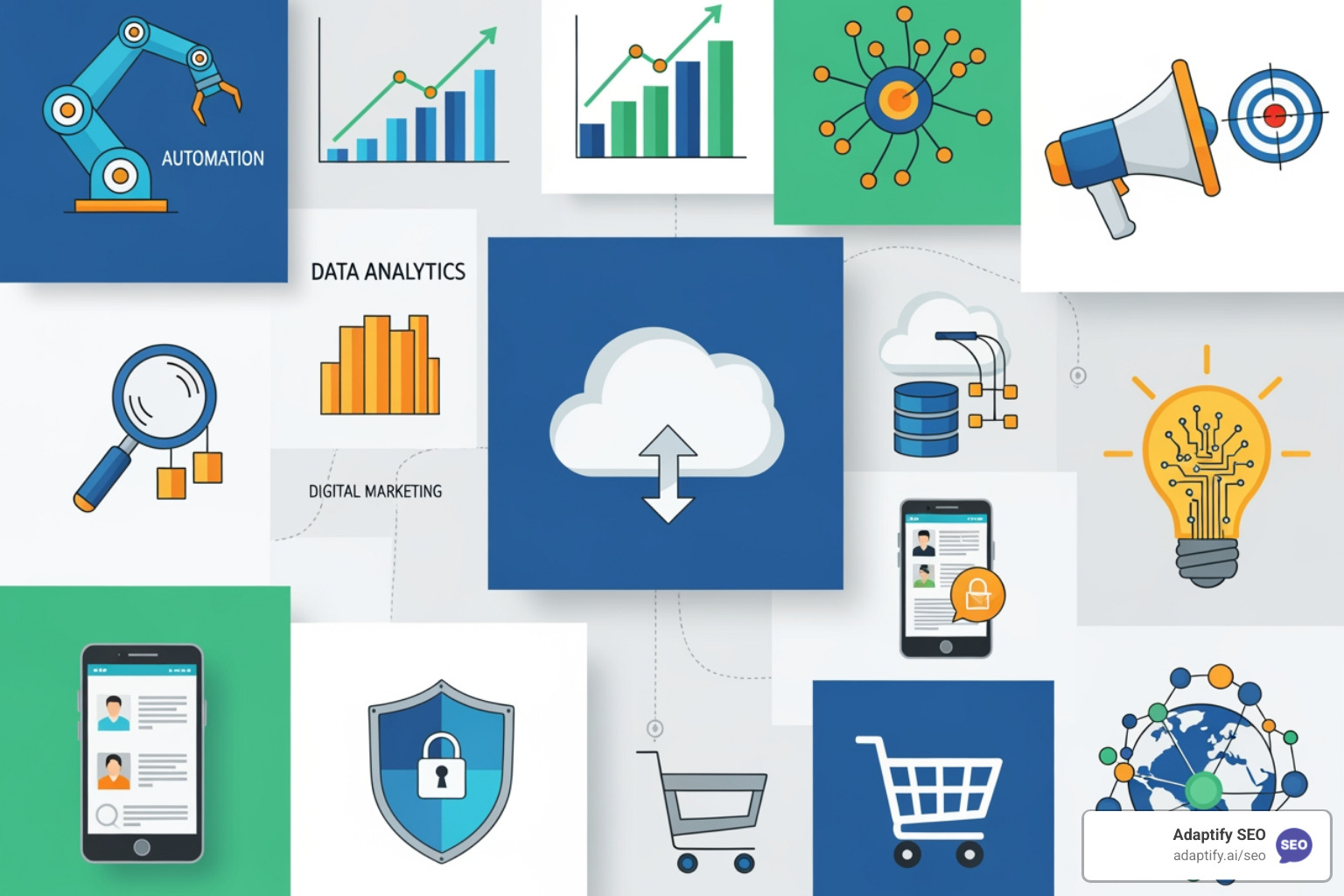 collage of automation and analytics icons - seo automation
