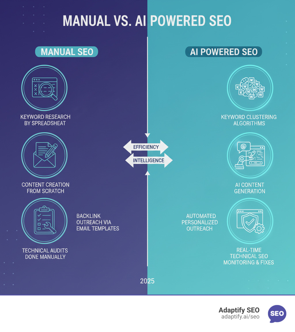 Infographic comparing manual SEO tasks like keyword research by spreadsheet, content creation from scratch, backlink outreach via email templates, and technical audits done manually versus AI-automated counterparts showing keyword clustering algorithms, AI content generation, automated personalized outreach, and real-time technical SEO monitoring with automatic fixes - AI Powered SEO infographic