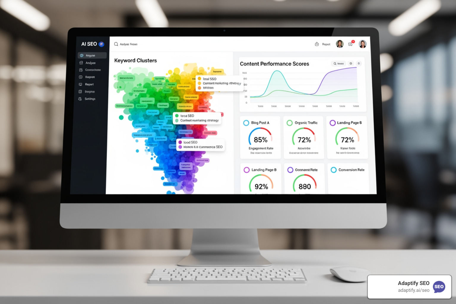 AI SEO tool dashboard showing keyword clusters and content scores - AI Powered SEO