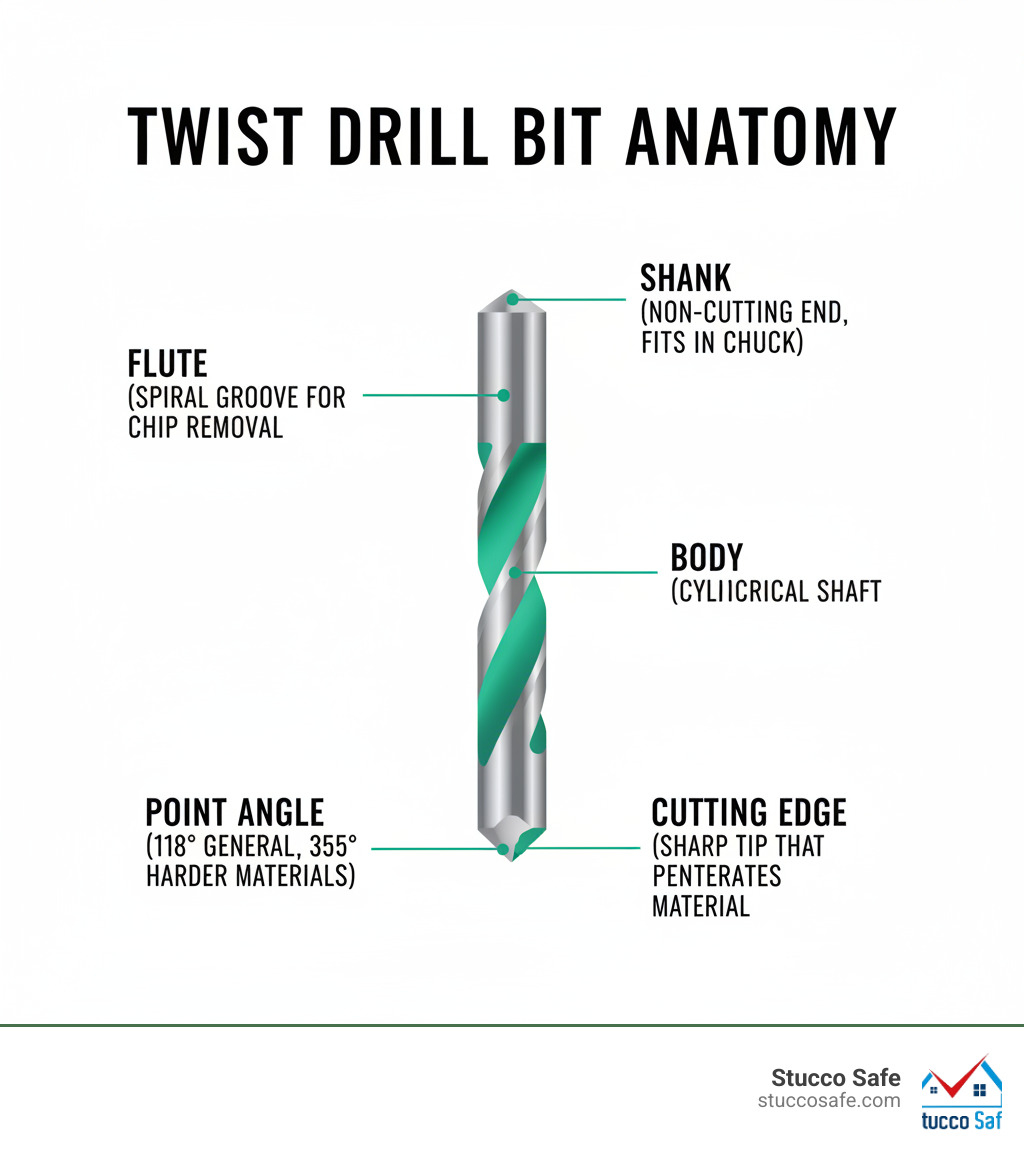 Infographic showing the anatomy of a standard twist drill bit with labeled parts: flute (spiral groove for chip removal), body (cylindrical shaft), shank (non-cutting end that fits in chuck), point angle (118° for general use, 135° for harder materials), and cutting edge (sharp tip that penetrates material) - drill bit sets infographic Infographic showing the anatomy of a standard twist drill bit with labeled parts: flute (spiral groove for chip removal), body (cylindrical shaft), shank (non-cutting end that fits in chuck), point angle (118° for general use, 135° for harder materials), and cutting edge (sharp tip that penetrates material) - drill bit sets infographic