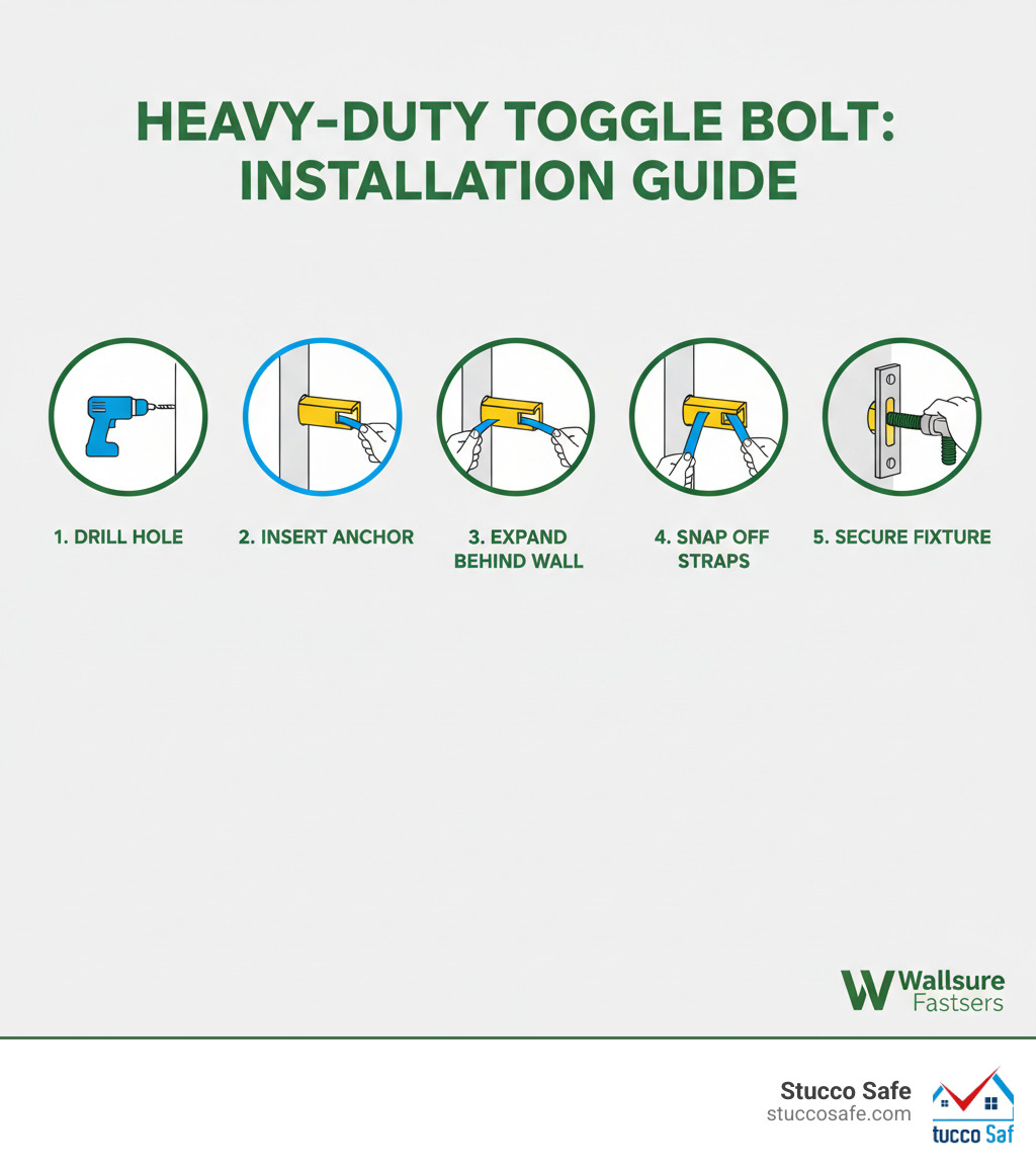 infographic showing the mechanism of a heavy duty toggle bolt: drill hole, insert folded metal channel through wall, pull straps to expand channel behind wall, snap off straps flush with surface, insert bolt through fixture into anchored channel - heavy duty toggle bolts infographic infographic showing the mechanism of a heavy duty toggle bolt: drill hole, insert folded metal channel through wall, pull straps to expand channel behind wall, snap off straps flush with surface, insert bolt through fixture into anchored channel - heavy duty toggle bolts infographic