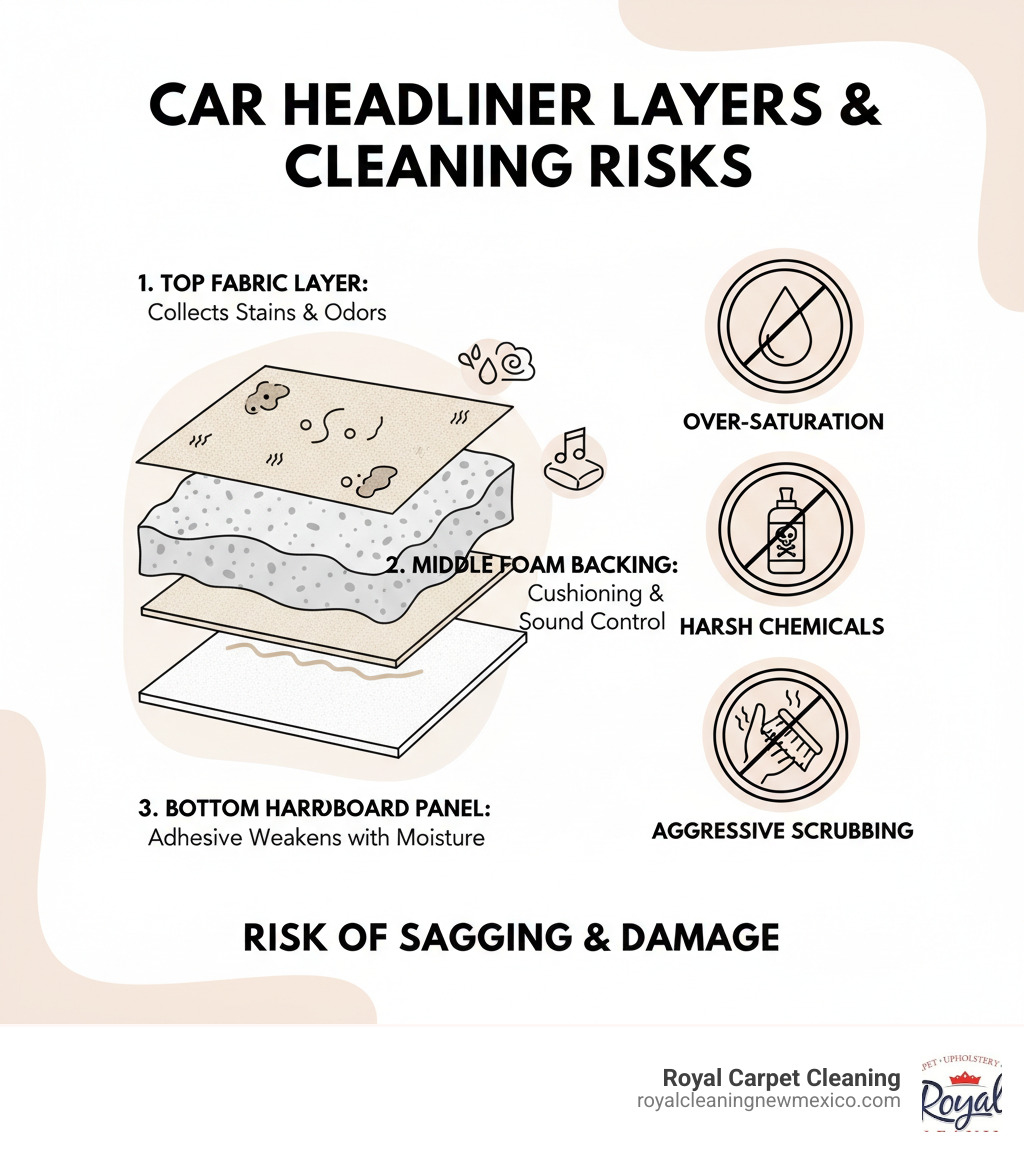 Infographic showing the three layers of a car headliner: top fabric layer that collects stains and odors, middle foam backing that provides cushioning and sound control, and bottom hardboard panel with adhesive that can weaken with excess moisture, plus warning icons showing risks of over-saturation, harsh chemicals, and aggressive scrubbing - upholstery cleaner for car headliner infographic 