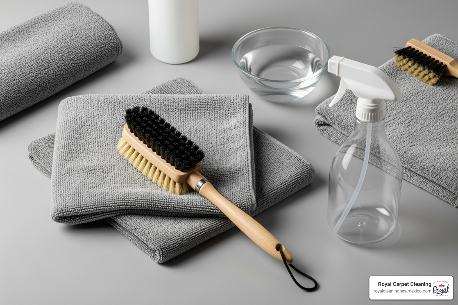 Essential headliner cleaning tools including microfiber towels, a soft brush, and a spray bottle - upholstery cleaner for car headliner