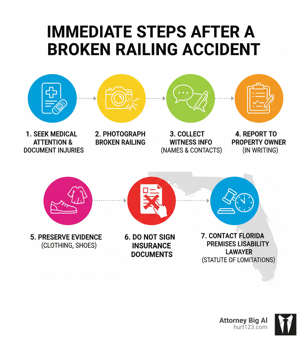Infographic showing immediate steps after a broken railing accident: 1. Seek medical attention and document all injuries. 2. Photograph the broken railing from multiple angles before repairs. 3. Collect witness names and contact information. 4. Report incident to property owner in writing. 5. Preserve evidence like clothing and shoes. 6. Do NOT sign any documents from insurance companies. 7. Contact a premises liability lawyer within Florida's statute of limitations. - broken railing accident infographic 