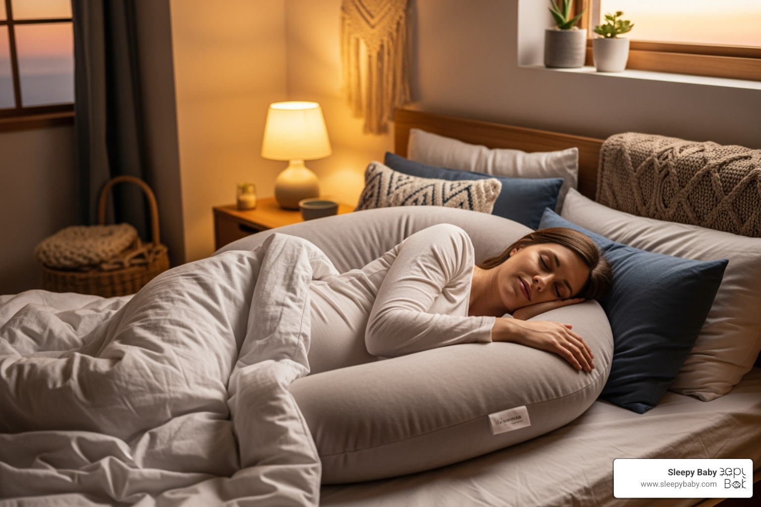 a woman sleeping comfortably with a U-shaped pregnancy pillow - must have items for pregnancy