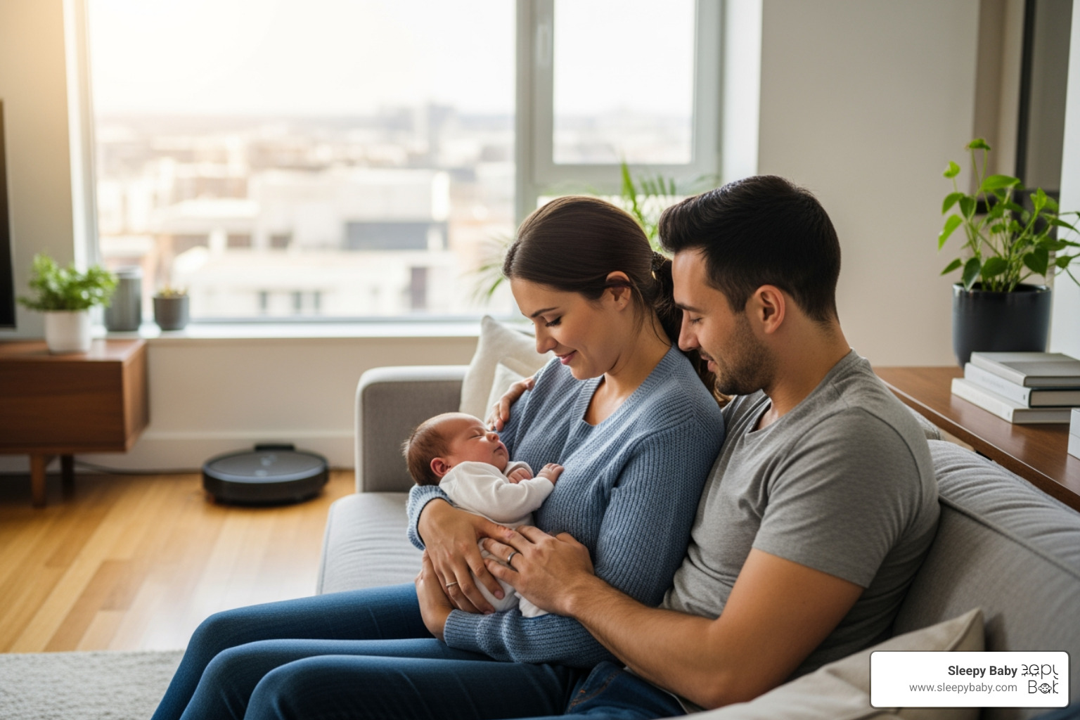 new parents holding a baby, with a robotic vacuum in the background - must have items for pregnancy