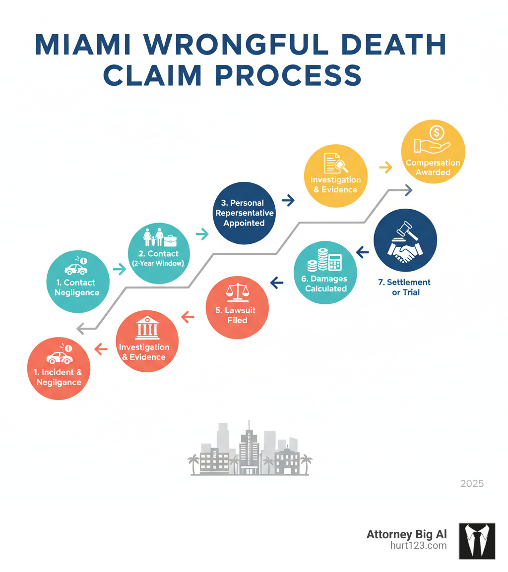 Infographic showing the wrongful death claim process in Miami: 1. Incident occurs due to negligence 2. Family contacts wrongful death lawyer within two-year window 3. Personal representative appointed for estate 4. Investigation and evidence gathering begins 5. Lawsuit filed on behalf of survivors 6. Damages calculated including economic and non-economic losses 7. Settlement negotiation or trial 8. Compensation awarded to eligible family members - wrongful death lawyer in miami infographic 