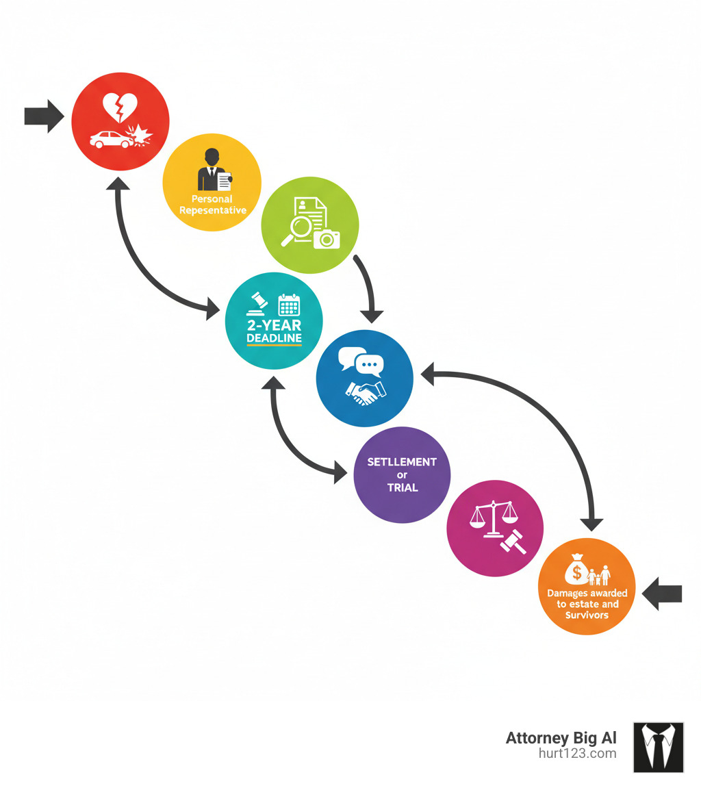 Infographic showing the Florida wrongful death lawsuit process: 1) Tragic incident occurs 2) Personal representative appointed 3) Investigation and evidence gathering 4) Lawsuit filed within 2-year deadline 5) Discovery and negotiations 6) Settlement or trial 7) Damages awarded to estate and survivors - Florida wrongful death lawsuit infographic 