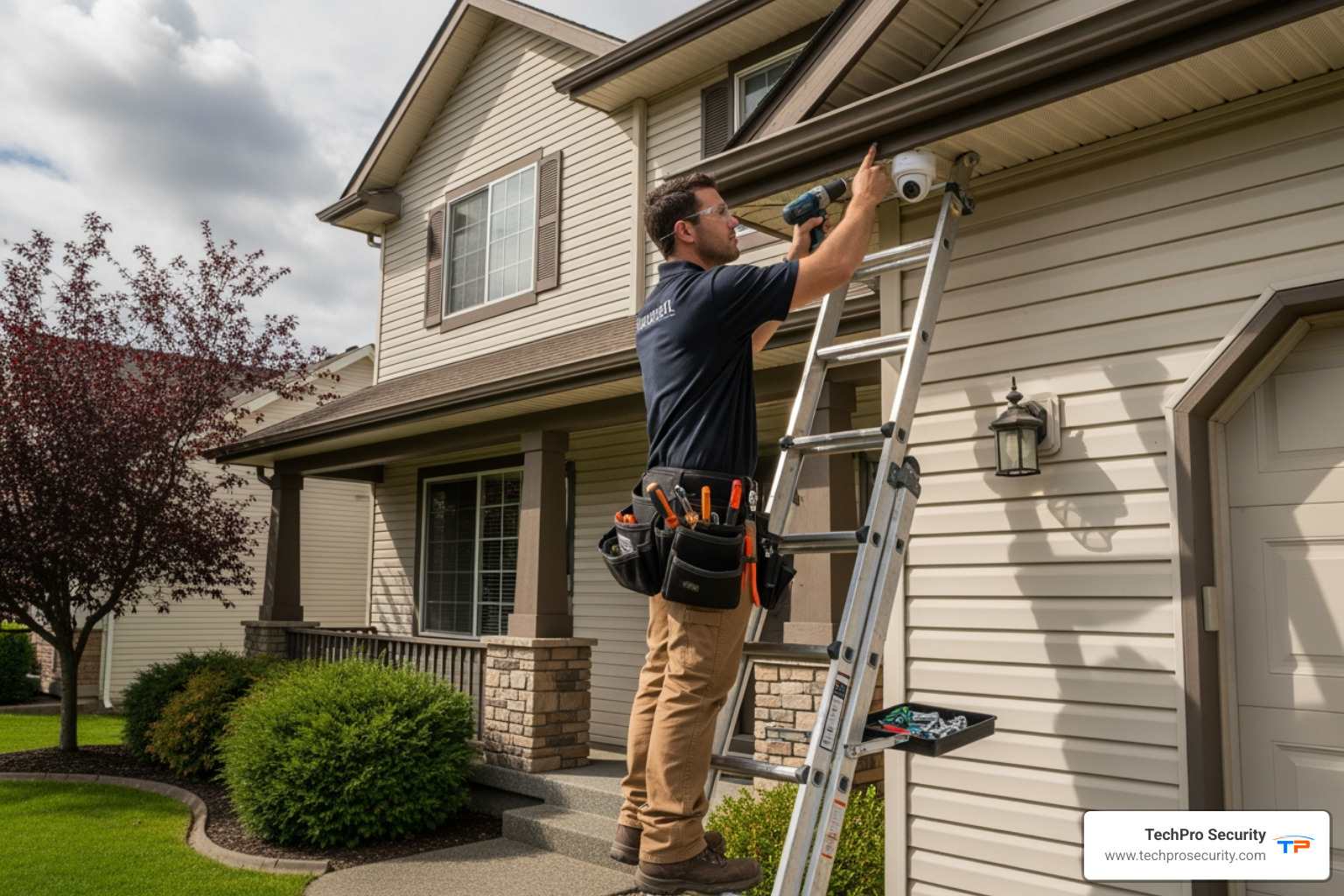 technician installing outdoor security camera - home security system cost