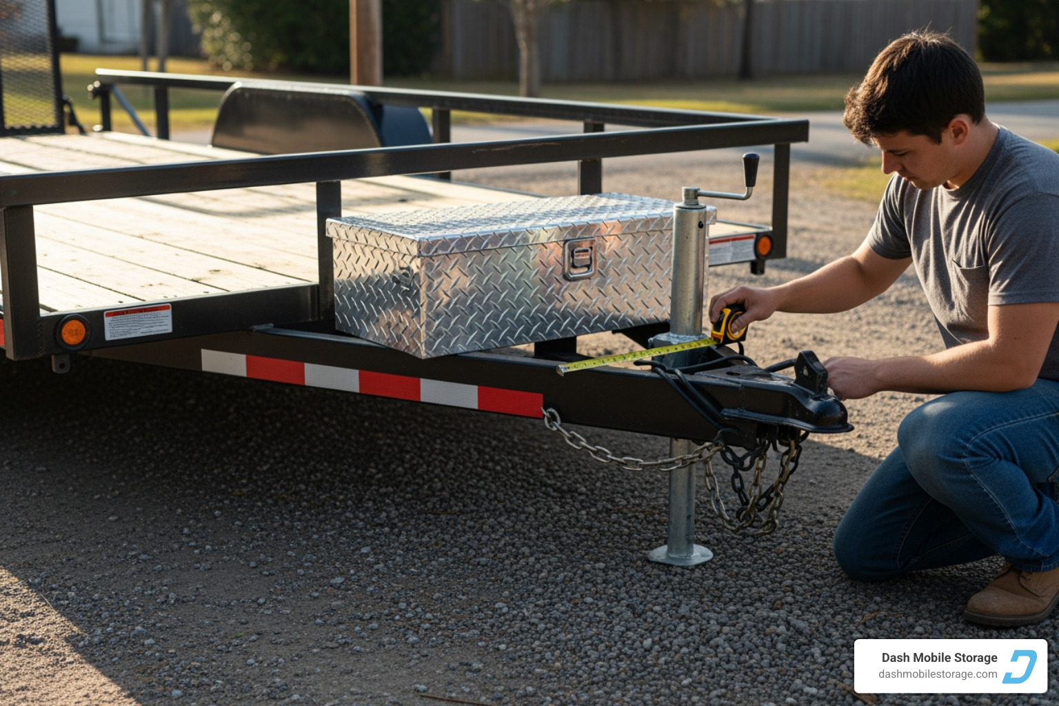 Someone measuring the A-frame of a trailer before installing a tongue box - trailer box storage