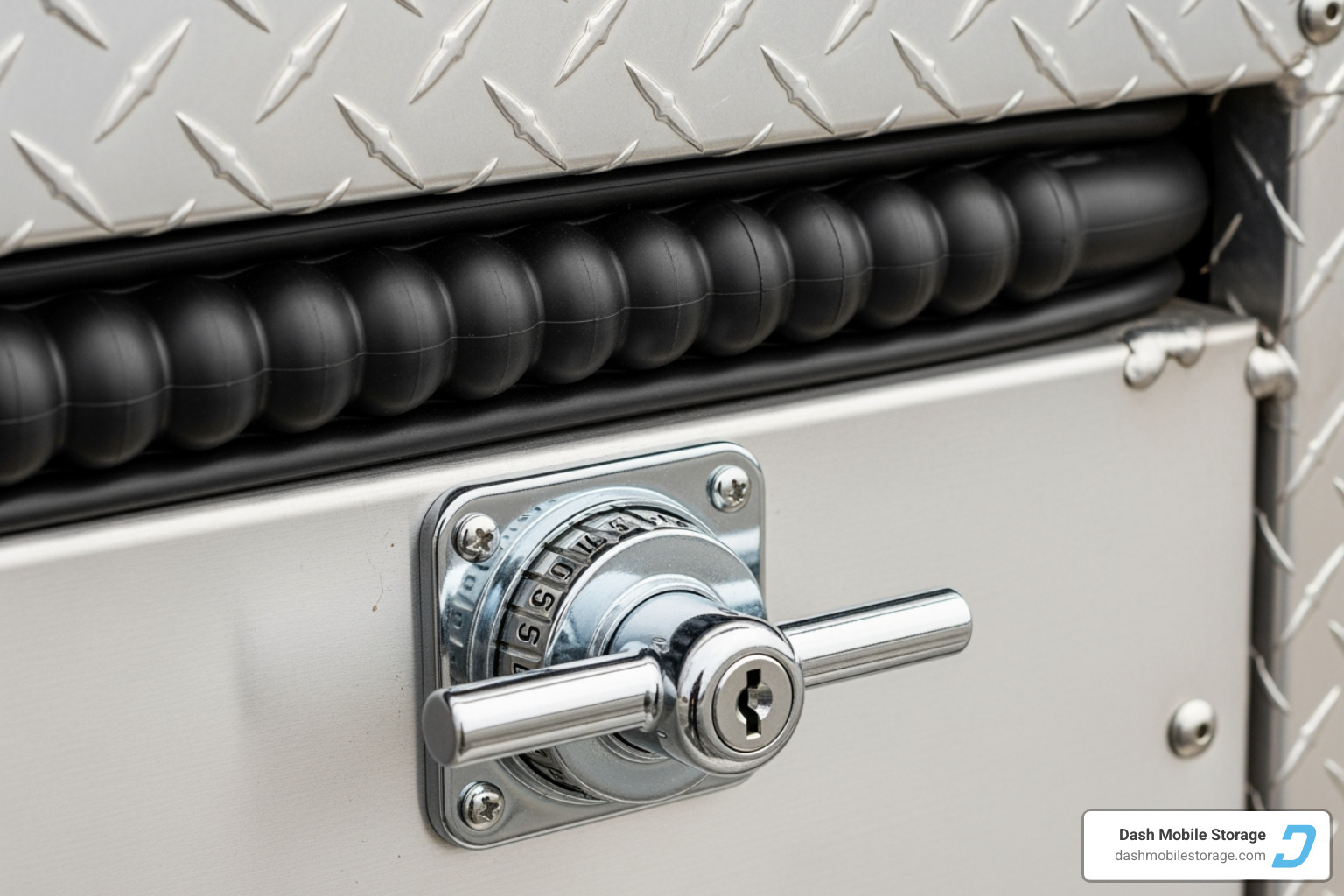 Close-up on a high-quality T-handle lock and a thick rubber weather seal on a trailer box - trailer box storage