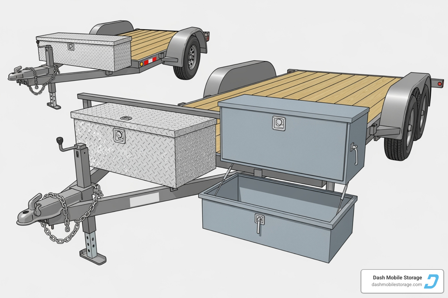Diagram showing the different mounting locations for trailer boxes (tongue, side, underbody) - trailer box storage