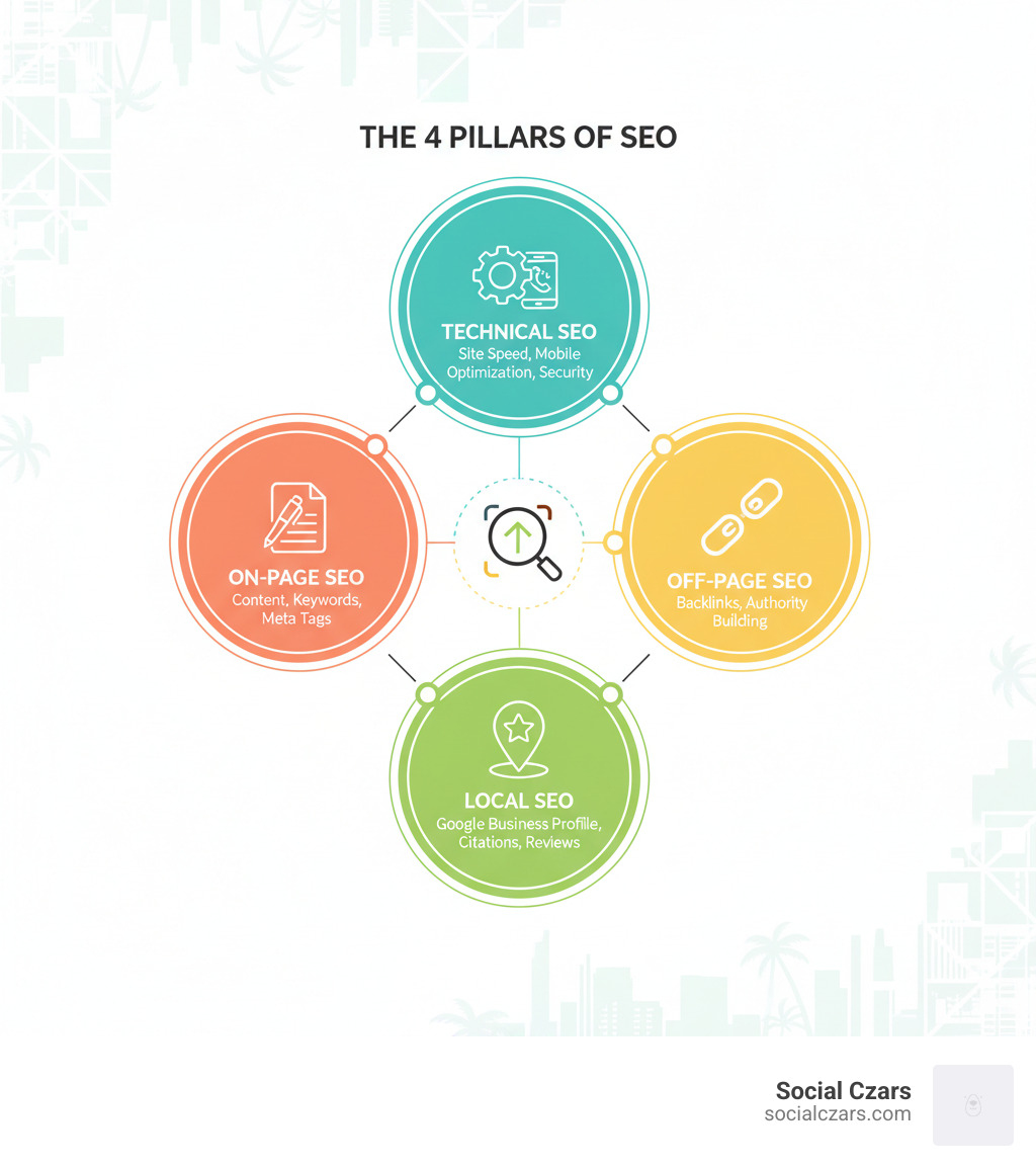 Infographic showing the four pillars of SEO: Technical SEO (site speed, mobile optimization, security), On-Page SEO (content, keywords, meta tags), Off-Page SEO (backlinks, authority building), and Local SEO (Google Business Profile, citations, reviews) - seo optimization miami infographic 