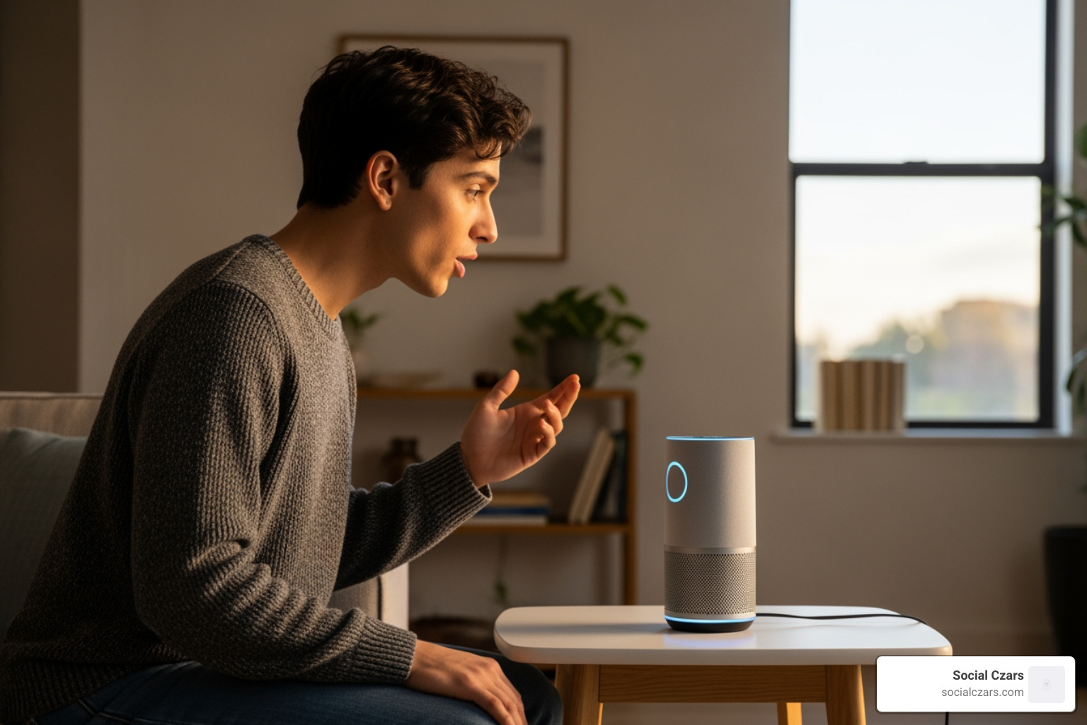 Person using voice search on a smart speaker - seo optimization miami