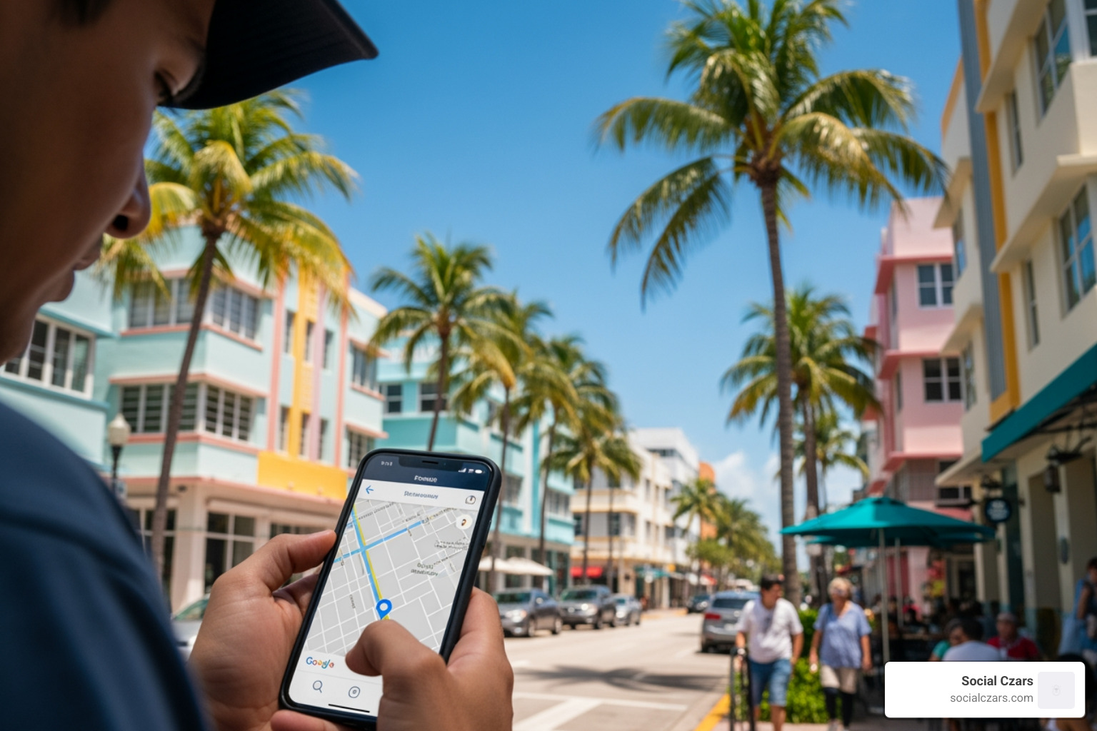 Person using Google Maps on a phone in a Miami neighborhood - seo optimization miami