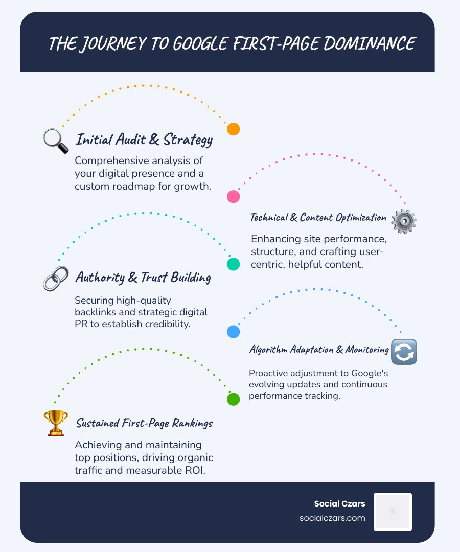 Infographic showing the transformation journey from being invisible on Google search results (page 2+) to achieving first-page dominance, with key milestones including: initial audit and strategy development, technical optimization and content creation, authority building through backlinks and PR, algorithm adaptation and monitoring, and finally sustained first-page rankings with measurable ROI growth - Google ranking expert infographic infographic-line-5-steps-blues-accent_colors