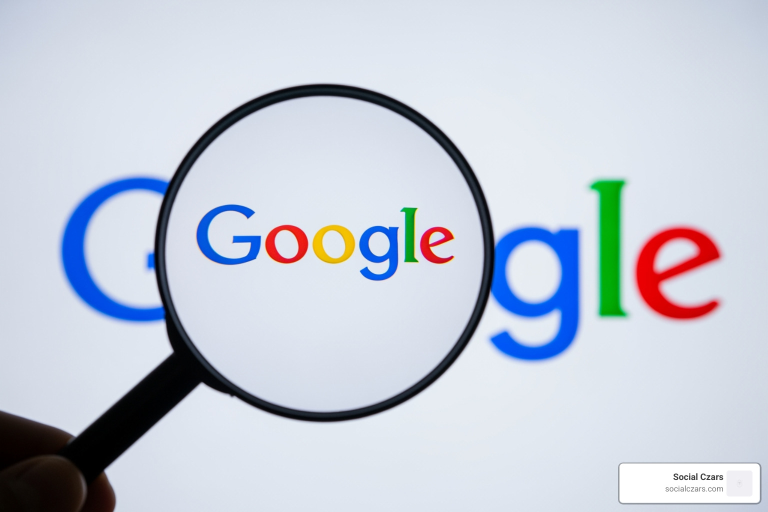 A magnifying glass focusing on the "Google" logo, symbolizing deep specialization - Google ranking expert