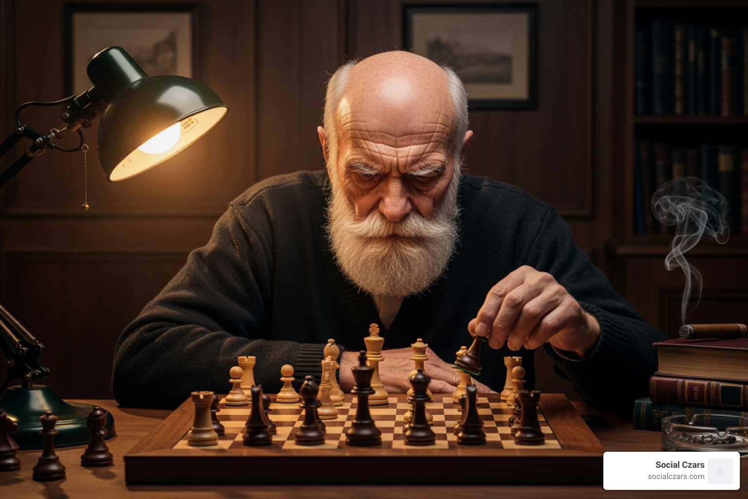 A chess master thinking several moves ahead, symbolizing strategic foresight in SEO - Google ranking expert
