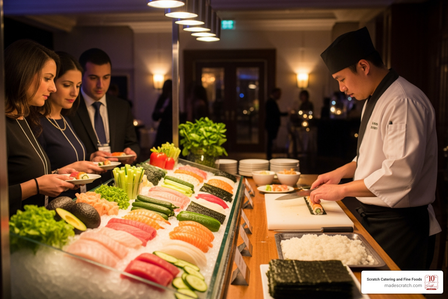 A unique interactive food station at an event, with a chef preparing fresh sushi rolls in front of guests - High end catering A unique interactive food station at an event, with a chef preparing fresh sushi rolls in front of guests - High end catering