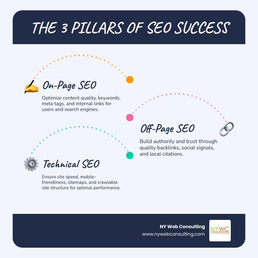 Infographic showing three interconnected pillars: On-Page SEO (content quality, keywords, meta tags, internal linking), Off-Page SEO (backlinks, domain authority, social signals, local citations), and Technical SEO (site speed, mobile optimization, sitemaps, structured data) all supporting a website icon at the top - Improve website SEO infographic infographic-line-3-steps-blues-accent_colors Infographic showing three interconnected pillars: On-Page SEO (content quality, keywords, meta tags, internal linking), Off-Page SEO (backlinks, domain authority, social signals, local citations), and Technical SEO (site speed, mobile optimization, sitemaps, structured data) all supporting a website icon at the top - Improve website SEO infographic infographic-line-3-steps-blues-accent_colors