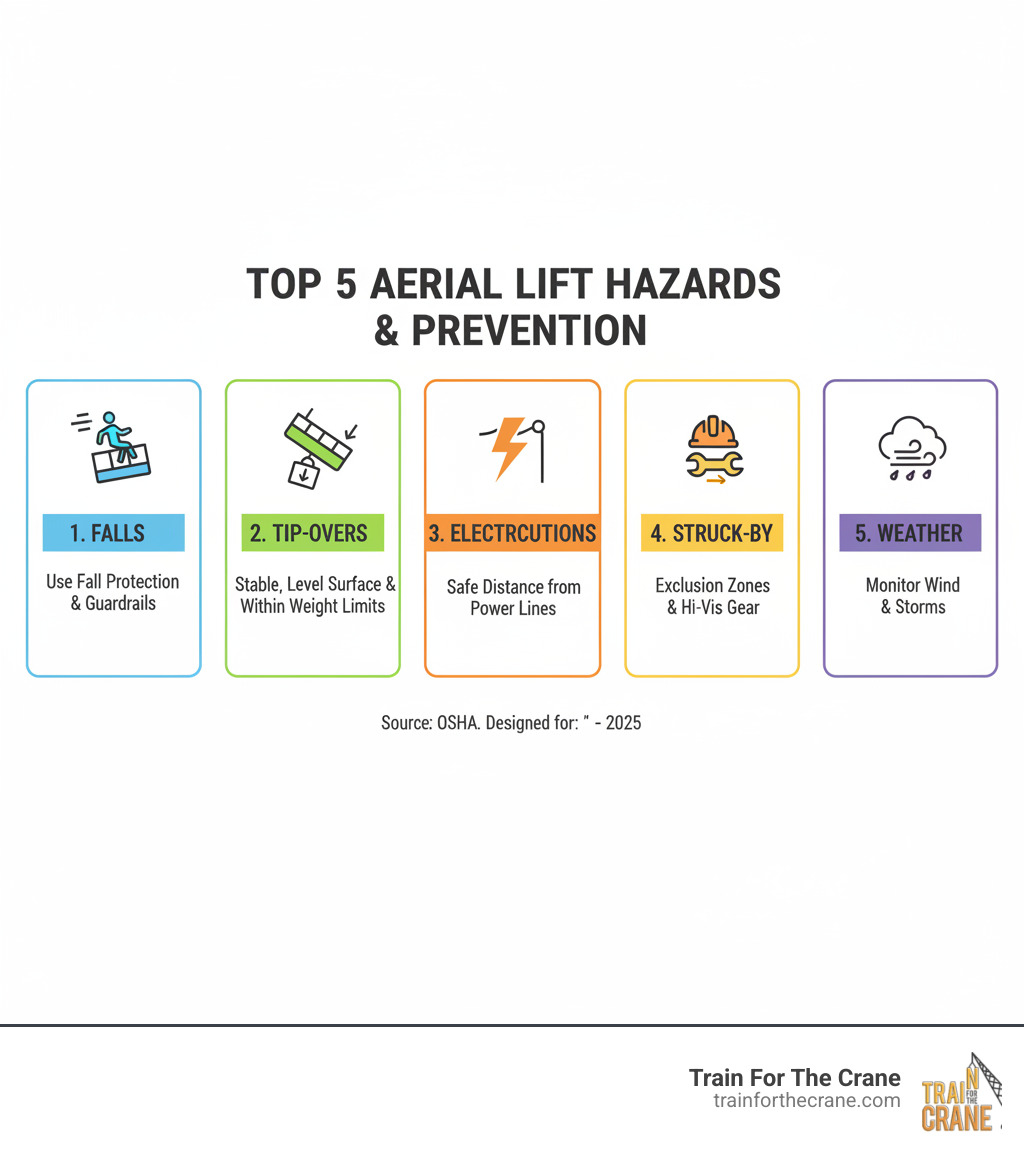 Infographic showing the five most common aerial lift hazards: falls from elevated platforms, tip-overs due to improper setup or overloading, electrocutions from contact with power lines, struck-by injuries from moving equipment or falling objects, and weather-related incidents including high winds. Each hazard includes a prevention method: use fall protection systems and guardrails, operate on stable level surfaces within weight limits, maintain safe distances from electrical sources, establish exclusion zones and wear high-visibility gear, and monitor weather conditions before and during operation. - aerial lift training infographic 
