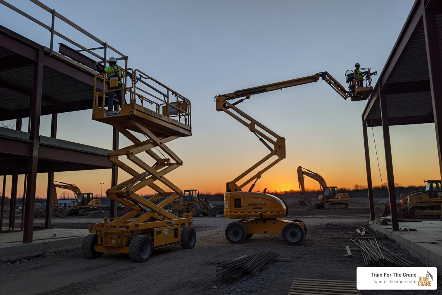 Scissor lift and articulating boom lift side-by-side - aerial lift training