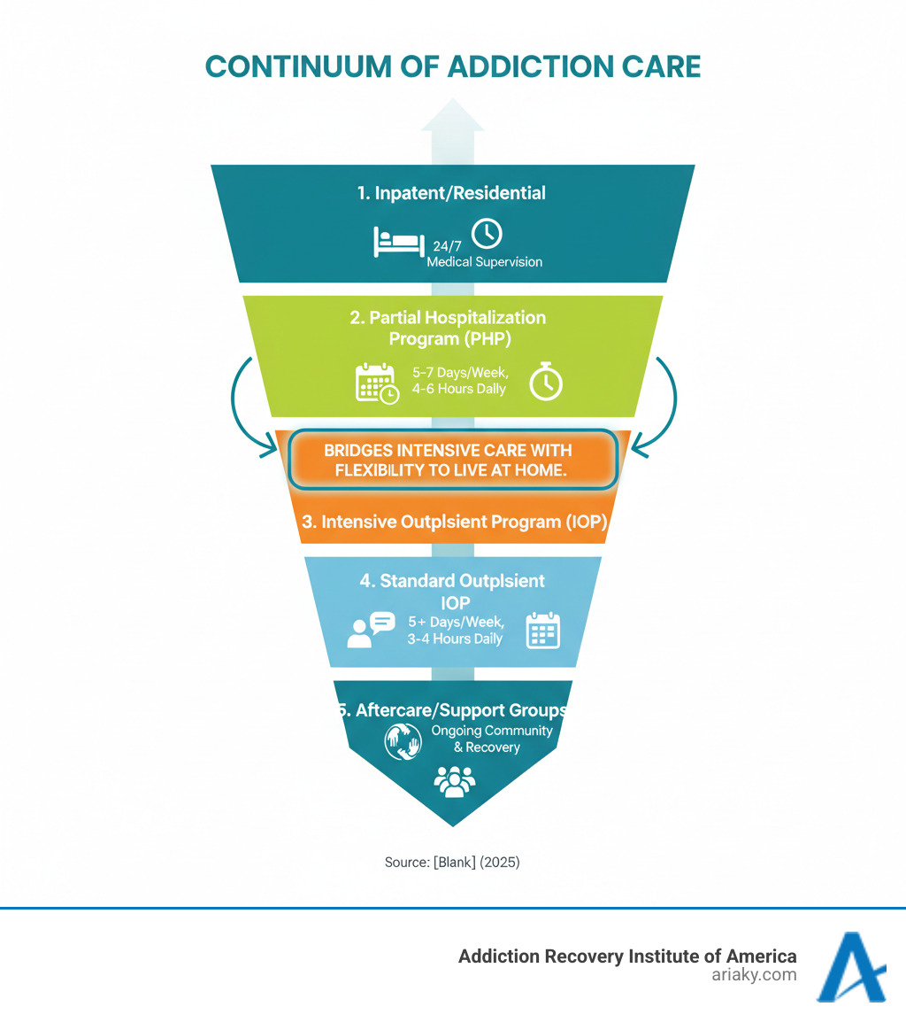 infographic showing the continuum of addiction care with five levels: 1) Inpatient/Residential at the top with 24/7 medical supervision, 2) Partial Hospitalization Program (PHP) with 5-7 days per week 4-6 hours daily, 3) Intensive Outpatient Program (IOP) with 3+ days per week 3-4 hours daily, 4) Standard Outpatient with 1-2 sessions weekly, and 5) Aftercare/Support Groups at the base. PHP is highlighted in the middle showing it bridges intensive care with flexibility to live at home. - PHP drug treatment infographic infographic showing the continuum of addiction care with five levels: 1) Inpatient/Residential at the top with 24/7 medical supervision, 2) Partial Hospitalization Program (PHP) with 5-7 days per week 4-6 hours daily, 3) Intensive Outpatient Program (IOP) with 3+ days per week 3-4 hours daily, 4) Standard Outpatient with 1-2 sessions weekly, and 5) Aftercare/Support Groups at the base. PHP is highlighted in the middle showing it bridges intensive care with flexibility to live at home. - PHP drug treatment infographic