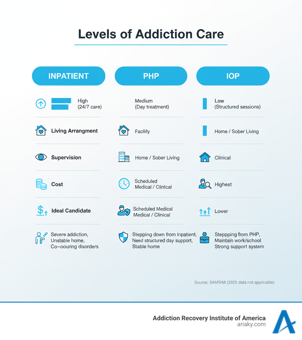 infographic comparing Inpatient vs. PHP vs. IOP in terms of intensity, living arrangement, supervision, cost, and ideal candidate - PHP drug treatment infographic infographic comparing Inpatient vs. PHP vs. IOP in terms of intensity, living arrangement, supervision, cost, and ideal candidate - PHP drug treatment infographic