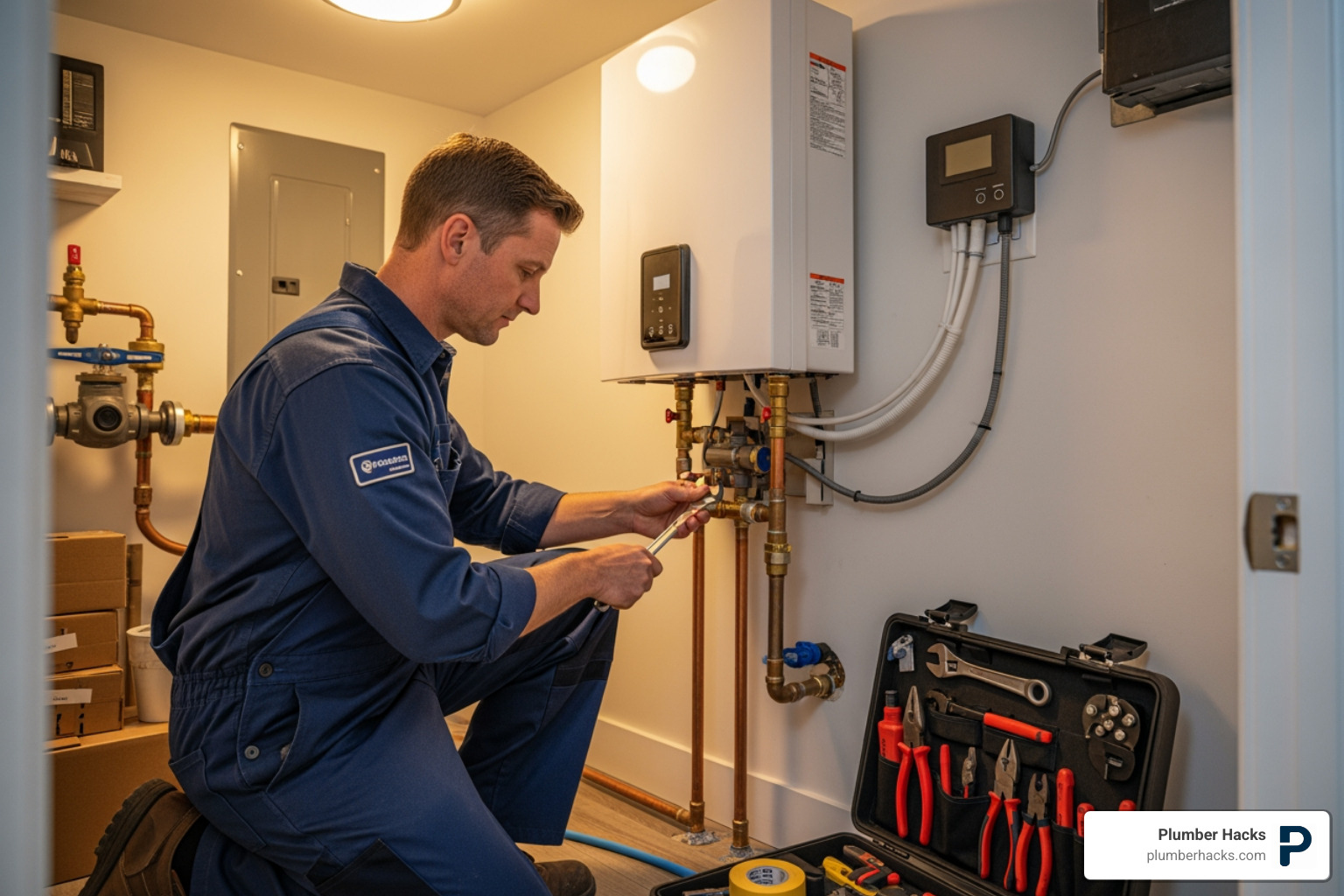 plumber installing a modern tankless water heater - plumber East Valley