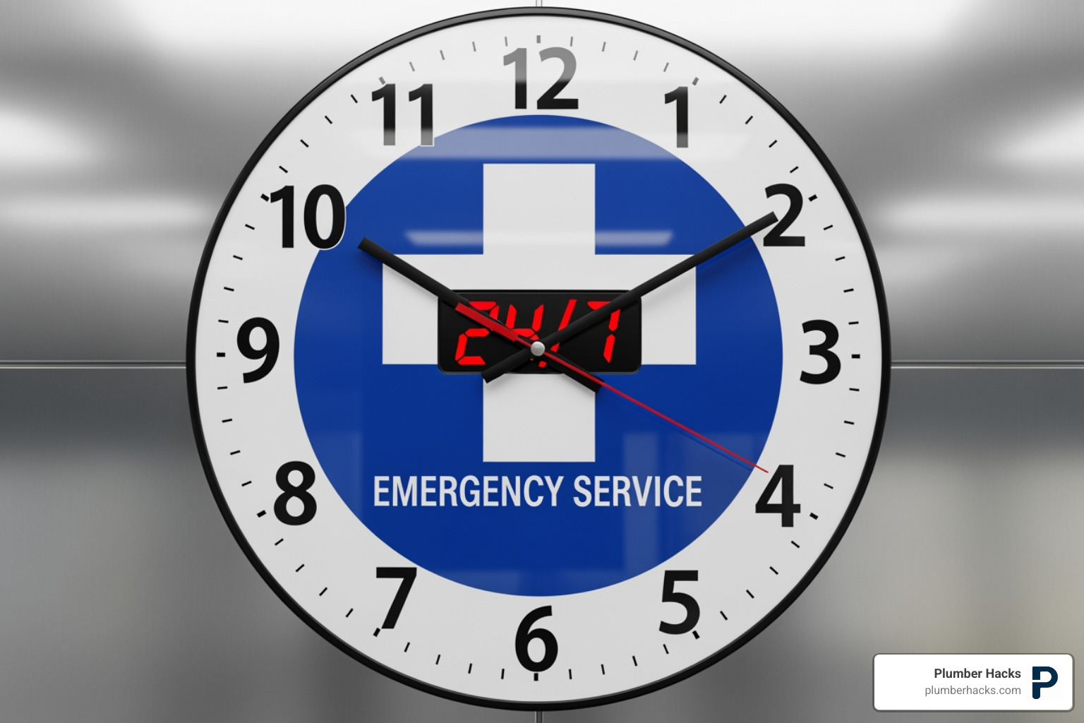 clock with a 24/7 Emergency Service label - plumber East Valley