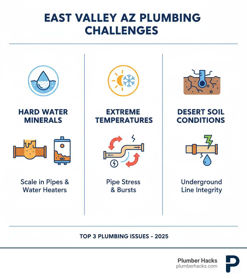 Infographic showing the top 3 plumbing challenges in East Valley Arizona: Hard water mineral buildup causing scale in pipes and water heaters, extreme temperature fluctuations leading to pipe stress and bursts, and desert soil conditions affecting underground sewer lines and water line integrity - plumber East Valley infographic 