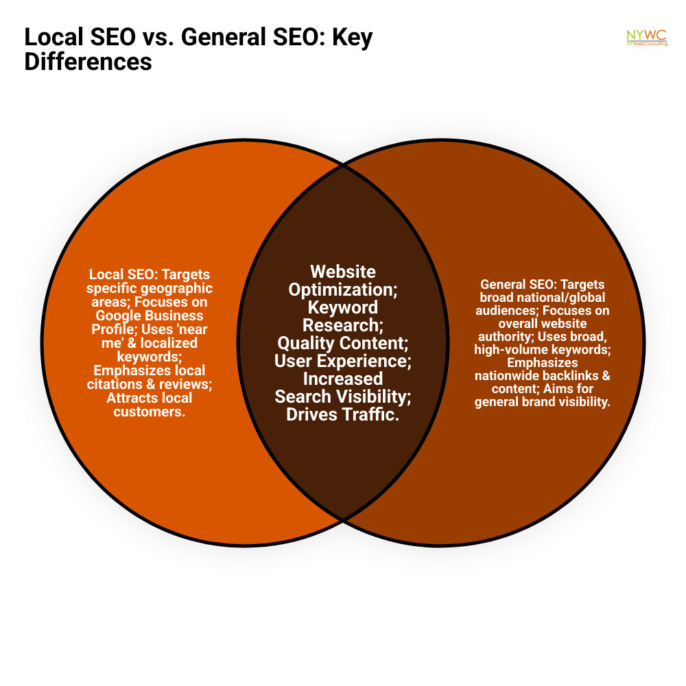 Infographic explaining the difference between Local SEO and General SEO: Local SEO targets specific geographic areas with Google Business Profile optimization, local keywords like plumber in Astoria, local citations and directories, near me searches, and neighborhood-specific content. General SEO targets national or global audiences with broad keywords, general content strategy, nationwide backlinks, and brand awareness focus. - local SEO Queens infographic venn_diagram Infographic explaining the difference between Local SEO and General SEO: Local SEO targets specific geographic areas with Google Business Profile optimization, local keywords like plumber in Astoria, local citations and directories, near me searches, and neighborhood-specific content. General SEO targets national or global audiences with broad keywords, general content strategy, nationwide backlinks, and brand awareness focus. - local SEO Queens infographic venn_diagram