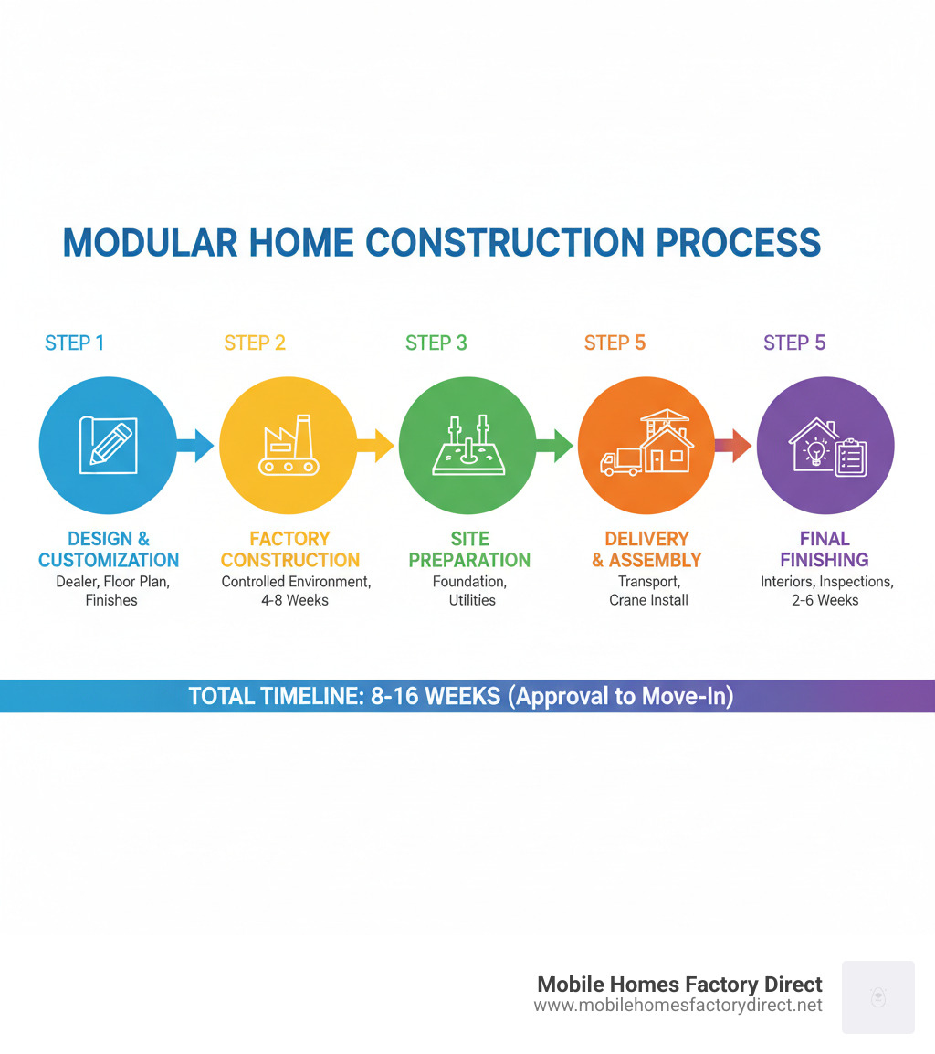Infographic showing the modular home construction process: Step 1 - Design & Customization with dealer, select floor plan and finishes; Step 2 - Factory Construction, home built in controlled environment in 4-8 weeks; Step 3 - Site Preparation, foundation and utilities prepared simultaneously; Step 4 - Delivery & Assembly, home sections transported and craned onto foundation; Step 5 - Final Finishing, interior details completed and inspections passed in 2-6 weeks; Total Timeline: 8-16 weeks from approval to move-in - modular homes san antonio infographic 