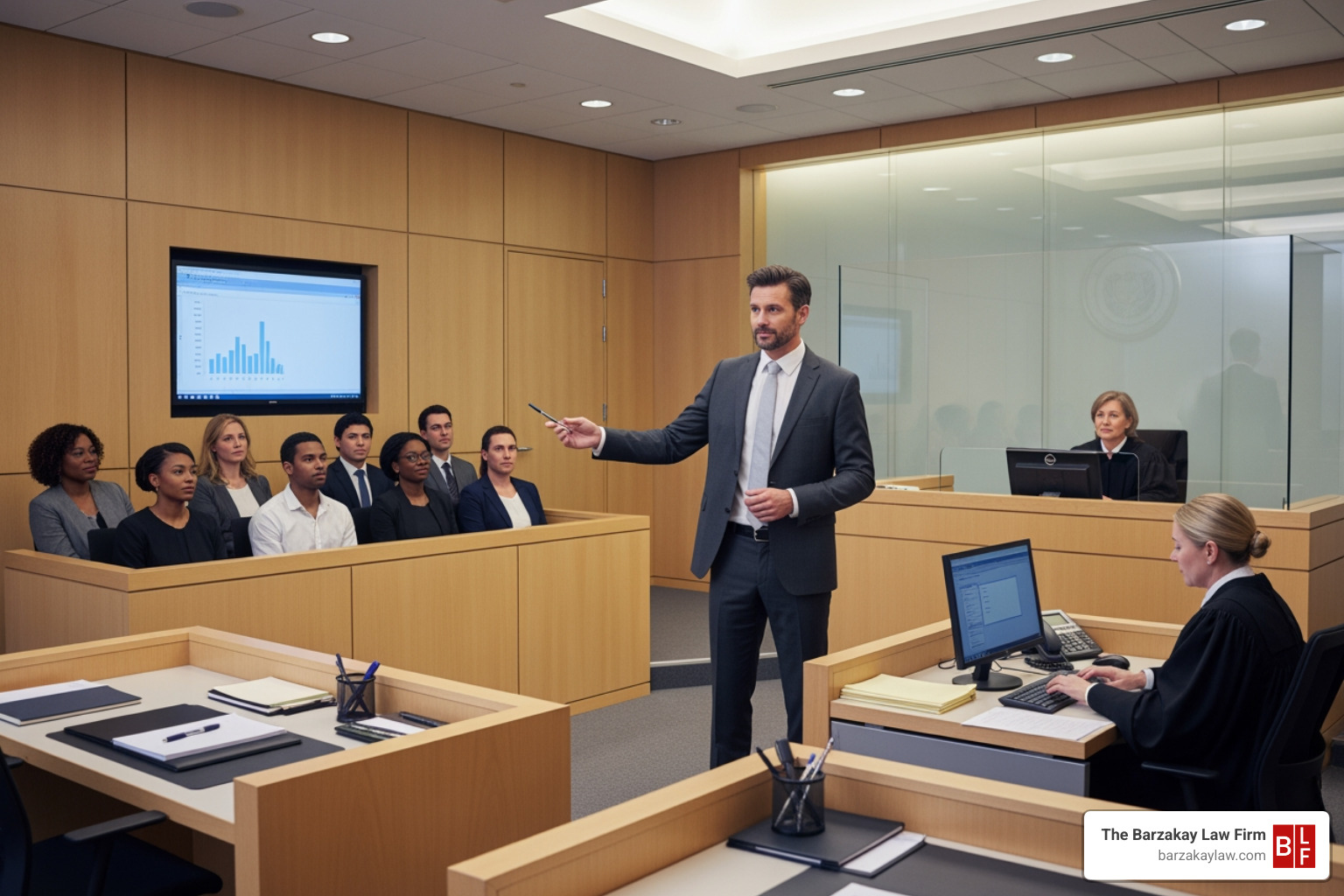 A courtroom scene with a lawyer presenting to a jury, demonstrating the process of establishing fault and liability in a personal injury case. - personal injury lawyer orlando
