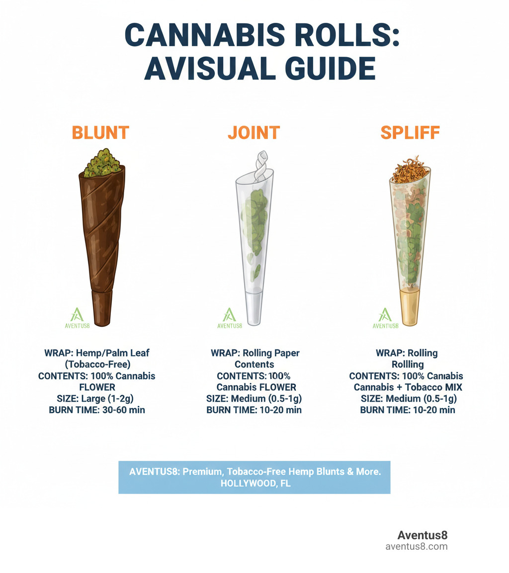 Infographic explaining the visual and compositional differences between a blunt, a joint, and a spliff, with a focus on products available from Aventus8. - THC blunts infographic Infographic explaining the visual and compositional differences between a blunt, a joint, and a spliff, with a focus on products available from Aventus8. - THC blunts infographic