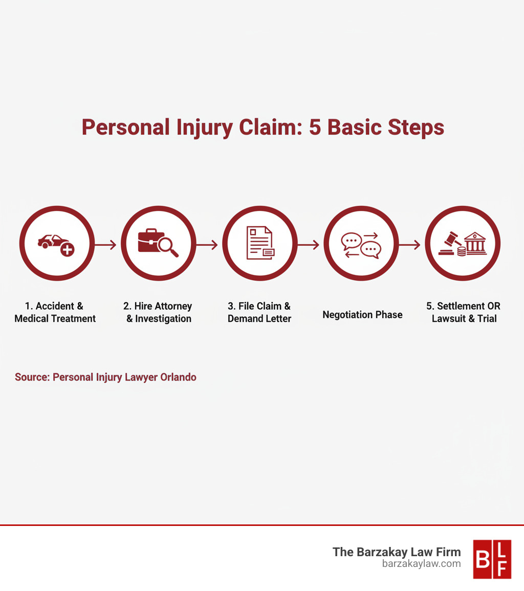Infographic showing the 5 basic steps of a personal injury claim: Step 1 - Accident occurs and medical treatment begins; Step 2 - Hire attorney and case investigation starts; Step 3 - Attorney files claim and sends demand letter to insurance; Step 4 - Negotiation phase with insurance company; Step 5 - Settlement reached or lawsuit filed leading to trial or final settlement - personal injury lawyer orlando infographic 