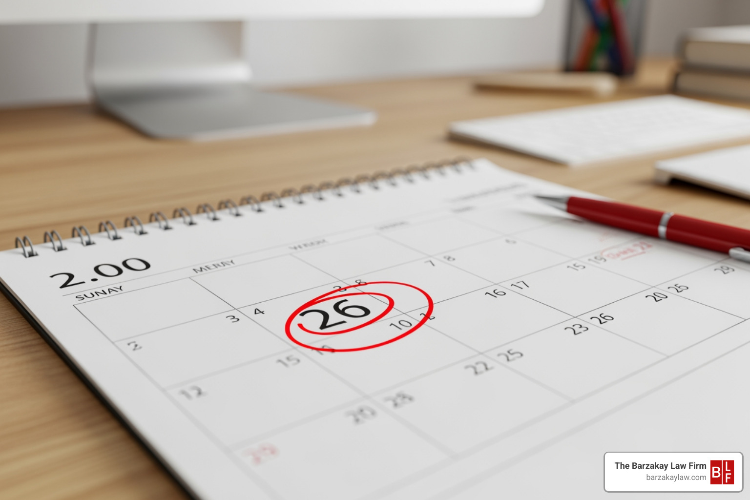 A calendar with a date circled in red, symbolizing the critical deadline of the statute of limitations for filing a personal injury claim. - personal injury lawyer orlando