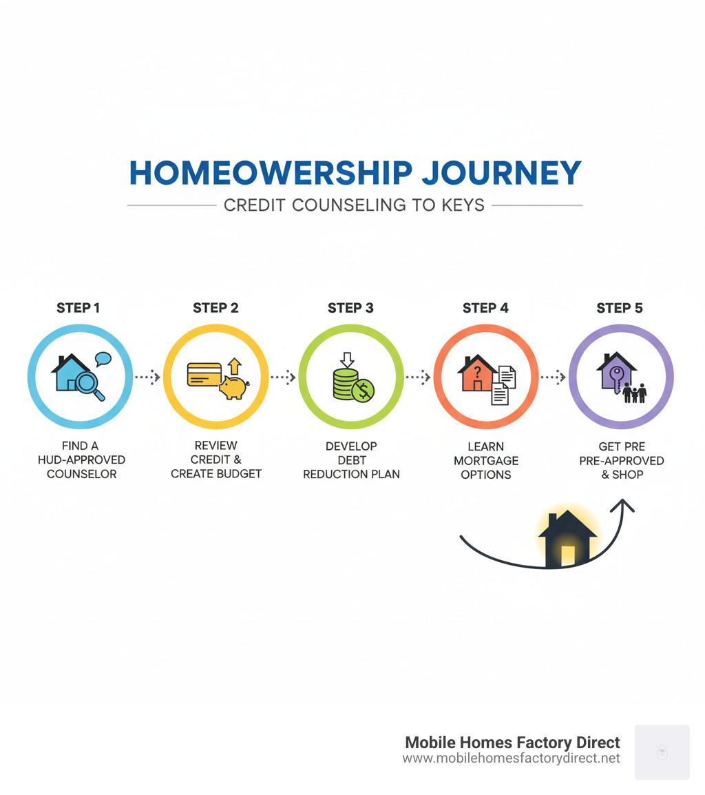 Infographic showing the credit counseling to homeownership journey: Step 1 Find a HUD-approved counselor, Step 2 Review your credit and create a budget, Step 3 Develop a debt reduction plan, Step 4 Learn about mortgage options and programs, Step 5 Get pre-approved and start shopping for your home - credit counseling for home buying infographic 