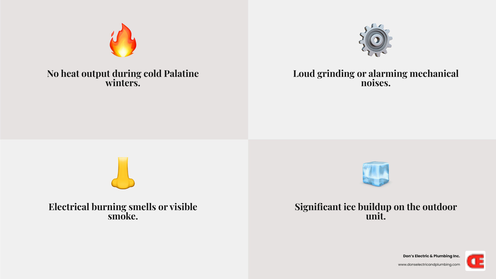 Infographic showing heat pump operation in heating mode with refrigerant cycle, outdoor unit collecting heat energy, indoor unit distributing warm air, and common emergency warning signs including no heat output, loud grinding sounds, burning smells, and visible ice buildup - emergency heat pump service palatine infographic 4_facts_emoji_grey